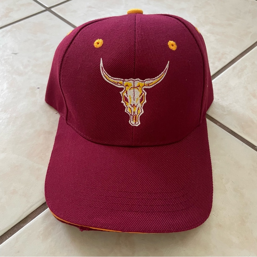 Steer Bull Skull With Horns Red Orange Baseball Cap Hat Hunting Dad Hook & Loop